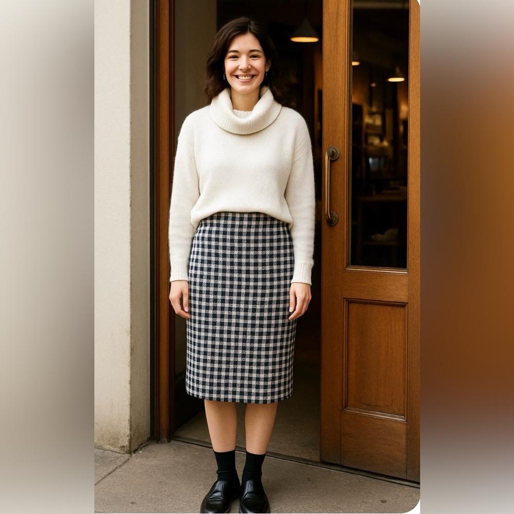 💯% Pure New Wool Navy Blue Gingham Check Midi Skirt - EUC - XS/S